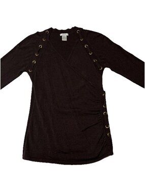 Vintage CACHE Y2K Chocolate Brown Ribbed Knit Top Gold Grommet Lace Up Medium